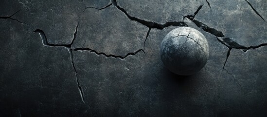 Poster - Cracked concrete surface with a weathered spherical object in the center and ample copy space for text placement.