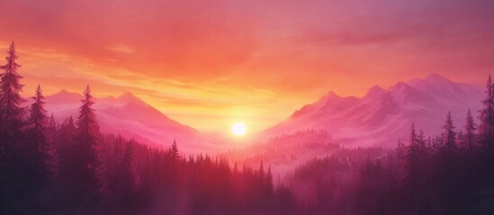 Poster - Mountainous landscape at sunset with silhouettes of evergreen trees in the foreground and vibrant pink and orange sky with copy space