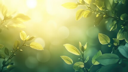 Poster - Green leaves illuminated by gentle sunlight with a soft bokeh background and ample copy space for text placement.