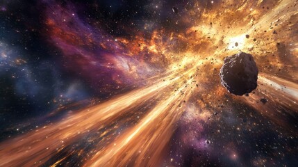 Poster - Vivid cosmic explosion with asteroid in motion through a colorful nebula with rays of light and Copy Space for text insertion