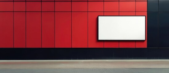 Poster - Red wall with blank white advertisement board and copy space for text placement in modern interior setting