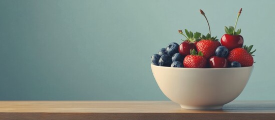 Poster - Bowl of fresh strawberries blueberries and cherries on wooden table against light blue background with Copy Space