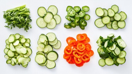 Poster - Freshly Sliced Green Vegetables and Herbs on White Background with Copy Space for Text