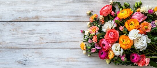 Poster - Colorful bouquet of mixed roses and ranunculus flowers on a rustic wooden background with Copy Space for text placement