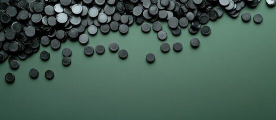 Poster - Scattered black round tokens on a green background with Copy Space for text placement