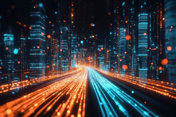 Poster - Futuristic Cityscape at Night with Neon Light Trails and Skyscrapers, Digital Concept of Urban Environment, Technology and Innovation, Vibrant Visualization