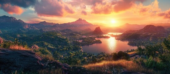 Poster - Vibrant landscape with mountains and lake during sunset showcasing rich colors and smooth water reflections with Copy Space