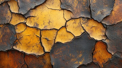 Poster - Textured cracked wall with peeling layers showcasing earthy tones of brown, gold, and black in abstract design ideal for backgrounds and Copy Space.