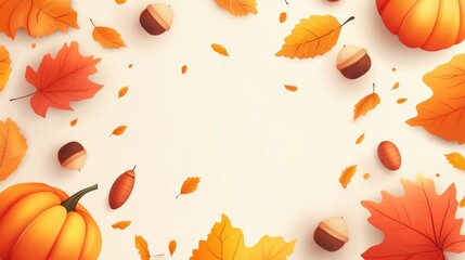 Poster - Autumn composition with pumpkins, leaves, and acorns on a light background with copy space for text or design elements