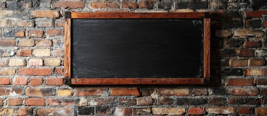 Poster - Black chalkboard with a wooden frame mounted on a rustic brick wall suitable for text placement Copy Space