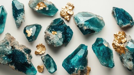Poster - A collection of teal mineral crystals with natural gold flakes on a light surface showcasing textures and details Copy Space
