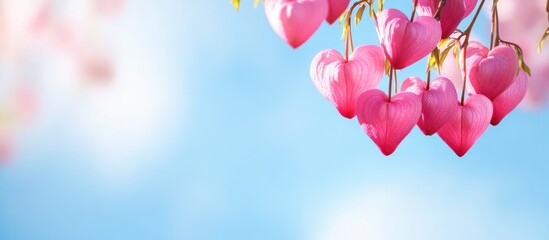 Poster - Pink heart-shaped flowers against a blue sky with copy space for text or graphics