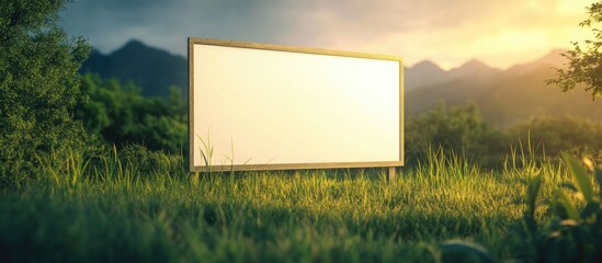 Poster - Blank billboard in a green field surrounded by mountains during sunset with Copy Space for text placement