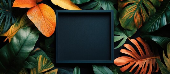 Poster - black square frame surrounded by tropical leaves on dark background with copy space for text or desi