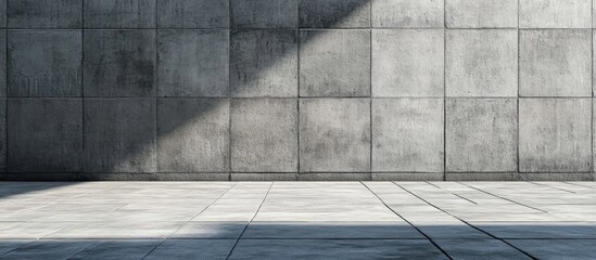 Poster - concrete wall with shadow and tiled floor copy space for minimalistic design or architectural presen