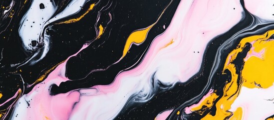 Poster - Abstract fluid art painting with black, pink, white, and yellow colors featuring flowing patterns and textures Copy Space