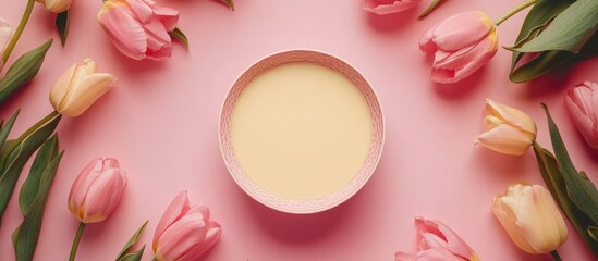 Poster - Pink background with tulips surrounding a round bowl filled with a creamy substance and copy space for text