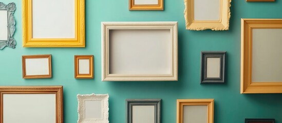 Poster - Variety of empty picture frames in different colors and styles on a teal wall with Copy Space for text placement