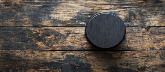Poster - Circular black object on weathered wooden surface with Copy Space for text.
