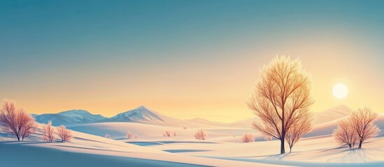 Poster - Winter landscape with mountains and trees in soft pastel colors during sunrise Copy Space
