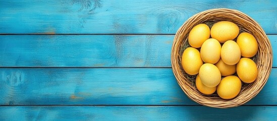 Poster - Yellow eggs in a wicker basket on a blue wooden background with Copy Space for text or design.