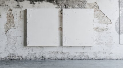 Poster - Empty white canvases on a textured concrete wall in an art gallery setting with ample Copy Space for text placement