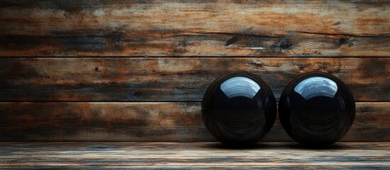 Poster - two glossy black spheres placed on a rustic wooden background with ample copy space for text inserti