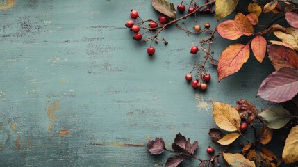 Poster - Autumn leaves and red berries arrangement on rustic teal wooden background with Copy Space. Colorful seasonal nature texture.