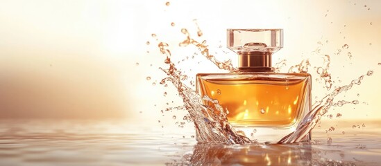 Poster - Perfume bottle splashing in water with warm background light Copy Space