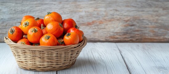 Poster - Fresh ripe persimmons in a wicker basket on wooden rustic background with Copy Space for text