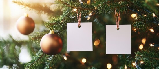Poster - Blank gift tags hanging on a Christmas tree with decorative ornaments and soft glowing lights in the background Copy Space