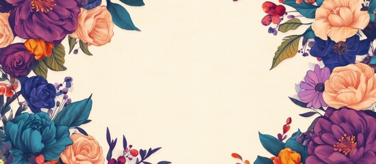 Poster - Floral Border Design with Purple and Peach Flowers on Light Background with Copy Space