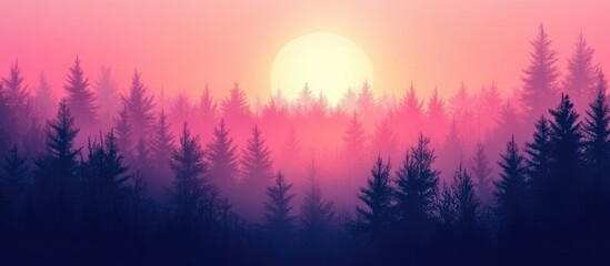 Poster - Colorful sunset over a misty forest landscape with silhouettes of evergreen trees and soft gradient sky Copy Space