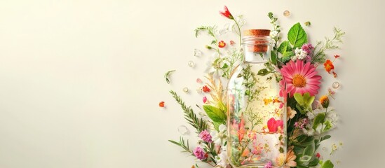 Poster - glass bottle with floral design surrounded by assorted flowers and greenery on light background with