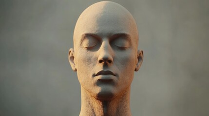 Poster - Realistic mannequin head sculpture with closed eyes against a neutral background Copy Space