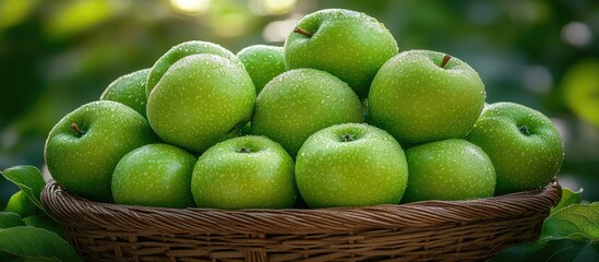 Poster - Fresh green apples in a wicker basket against a blurred natural background with copy space for text