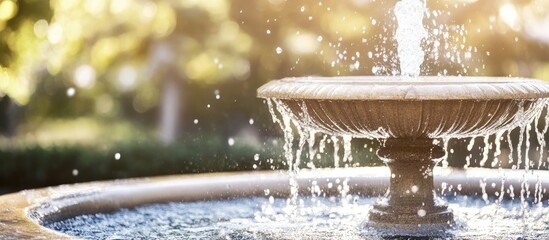 Poster - Decorative garden fountain with flowing water in soft sunlight creating shimmering reflections and bokeh effect Copy Space