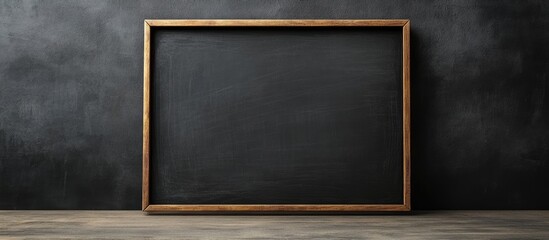 Poster - Black chalkboard with wooden frame on dark textured wall with wooden table surface and ample copy space for text insertion