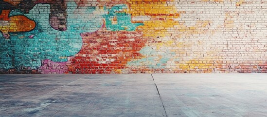 Poster - Colorful abstract graffiti on a weathered brick wall with a textured concrete floor and ample Copy Space for text placement