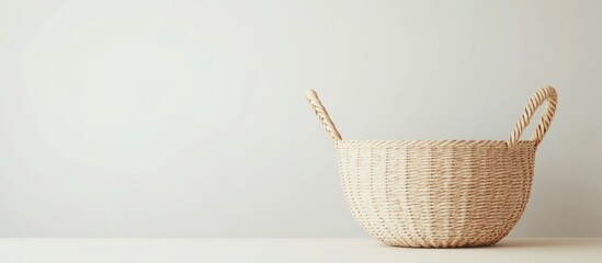 Poster - woven rattan basket with handles on a light background with copy space for text