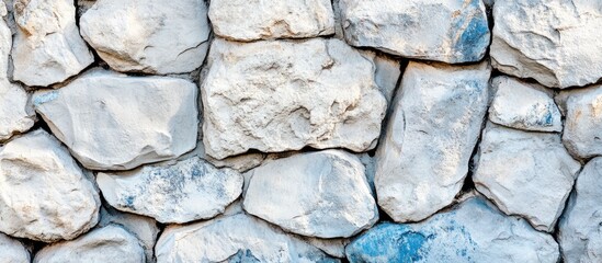 Poster - Textured background of rough light-colored stones arranged in a dry-stacked pattern with visible crevices and variations in shape and size Copy Space