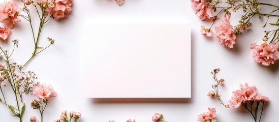 Poster - Blank white card surrounded by delicate pink flowers and green foliage on a light background with Copy Space for text placement.