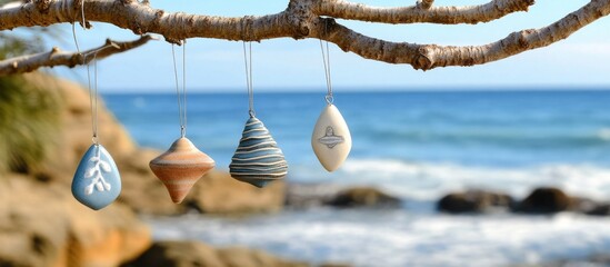 Poster - Hanging decorative stones on a branch with ocean view and blurred waves in the background Copy Space