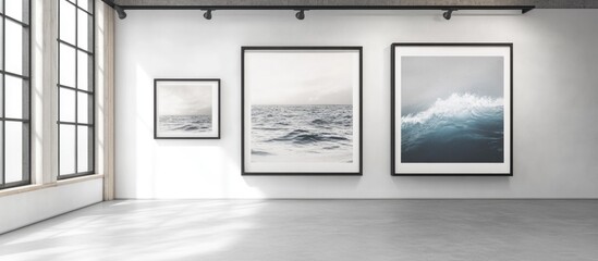 Poster - Modern art gallery interior featuring three large ocean-themed artworks on white walls with natural light from large windows Copy Space