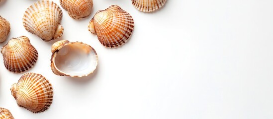 Poster - Sea shells scattered on a light background with ample Copy Space for text insertion.