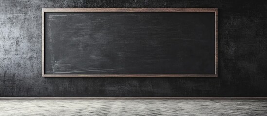 Poster - Empty black chalkboard in rustic classroom setting with textured wall and floor, ideal for educational concepts and presentations, Copy Space.