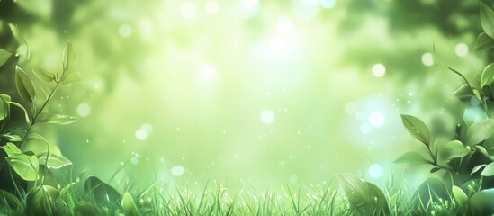Poster - Soft-focus green natural background with blurred leaves and grass, featuring light bokeh effects and ample copy space.