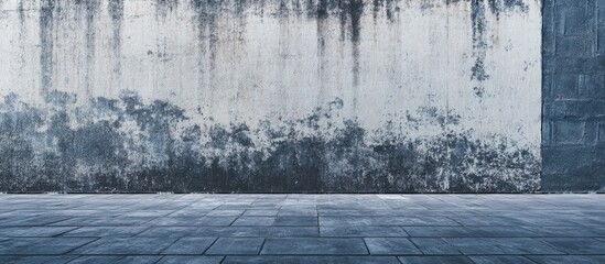 Poster - Grungy textured wall with moisture stains and tiled floor in an empty space with Copy Space for text placement