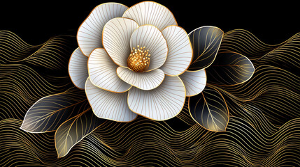 Wall Mural - Elegant White Flower with Golden Leaves on Black Wavy Background. Luxury Floral Art Print