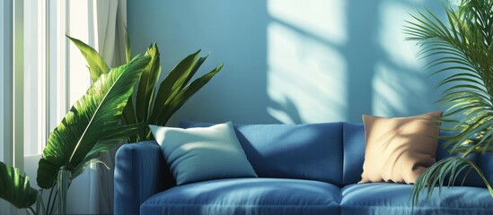 Poster - Cozy blue living room with plush sofa and indoor plants casting shadows on a light blue wall Copy Space